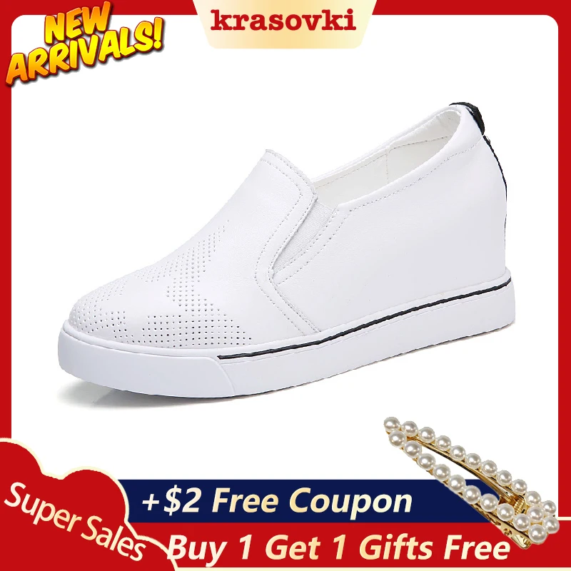 

Krasovki Loafers Shoes Women Spring Autumn Slope Internal Elevated Fashion Dropshipping Fashion Slip on Leather White Shoes