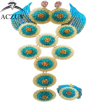 

ACZUV Brand Lake Blue and Gold AB African Costume Jewelry Set for Women Nigerian Wedding Beads A10R005