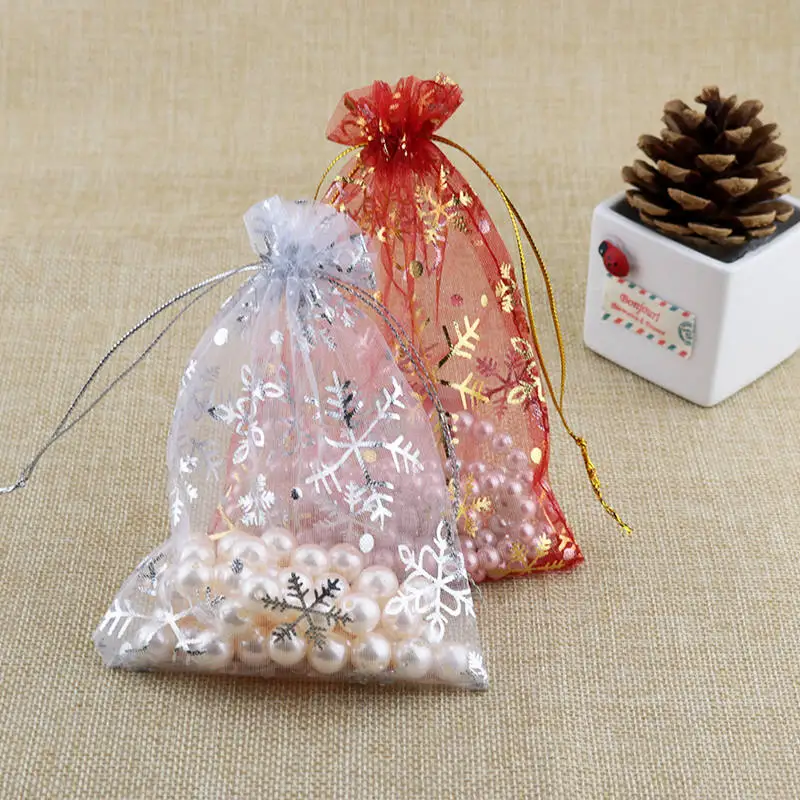 50Pcs/Lot White Snowflake Organza Bags 7x9 10x14 13x18cm Small Xmas Drawstring Pouch Candy Gift Bag Cute Jewelry Packaging Bags jewelry cases cute trinket box baby carriage stroller shape jewelry box sundries organizer jewelry storage container