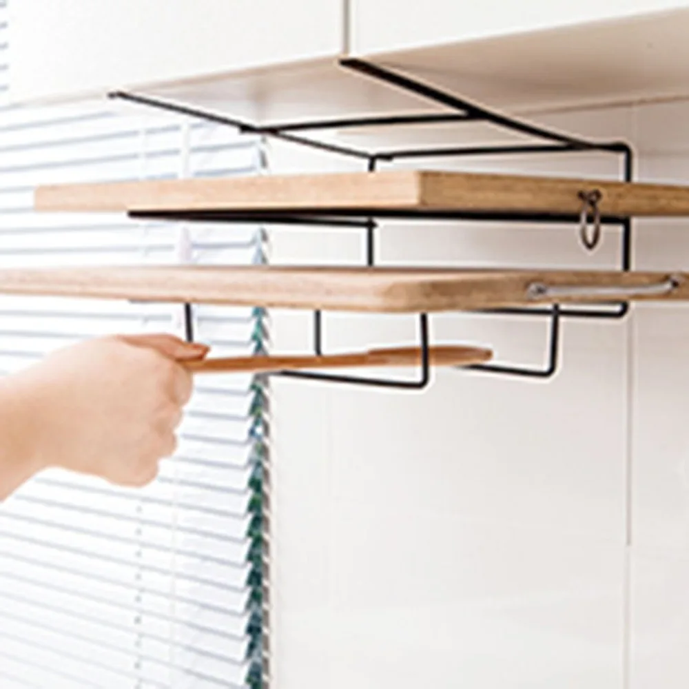 

Double Layer Storage Holder Cutting Board Rack Iron Free Punch Hanging Shelf for Cupboard Rack Kitchen Organizer