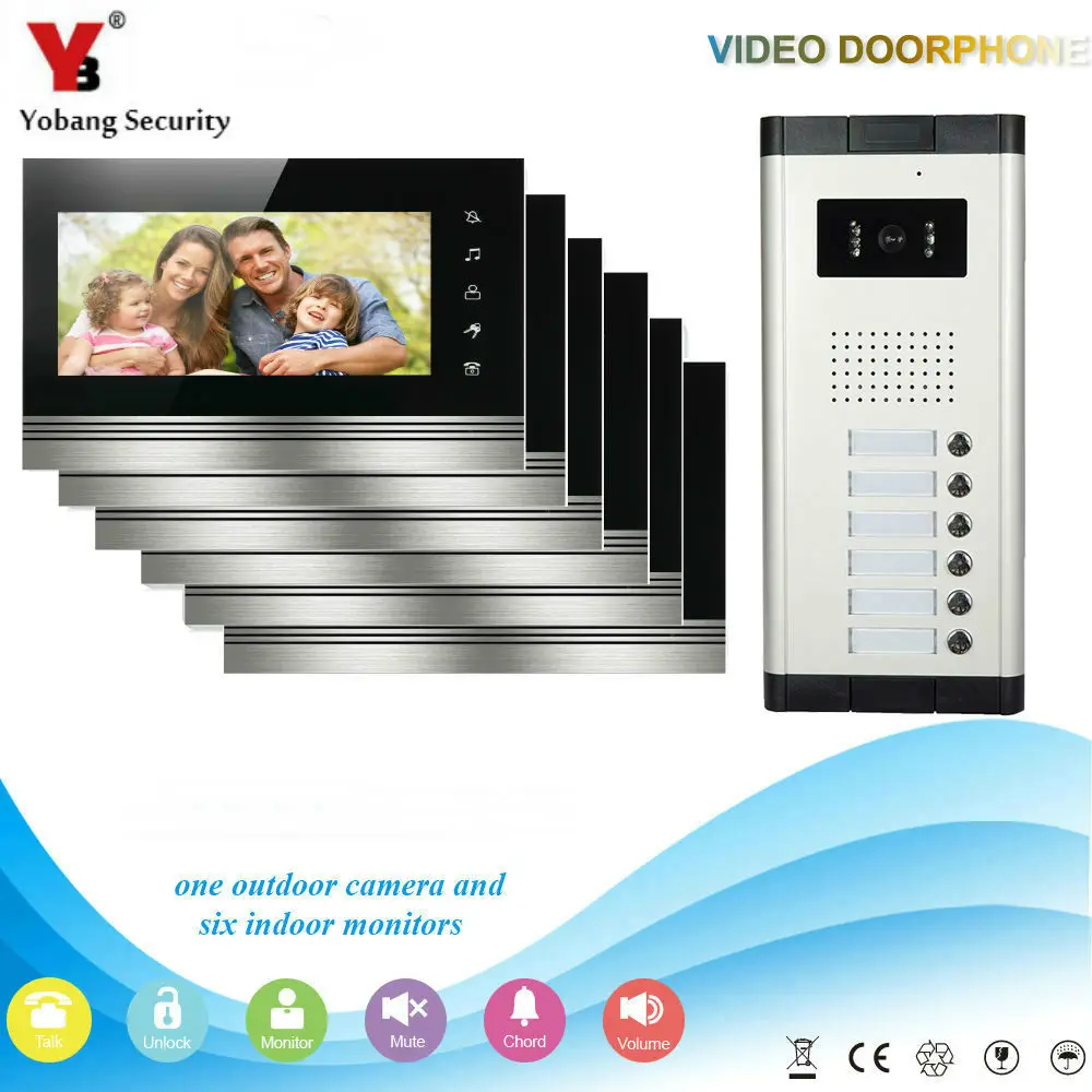 Yobang Security 6 Units Apartment Intercom Entry System Wired 7'' Monitor Audio Video Door Phone Bell Yobang Security 6 Units Apartment Intercom Entry System Wired 7'' Monitor Audio Video Door Phone Bell