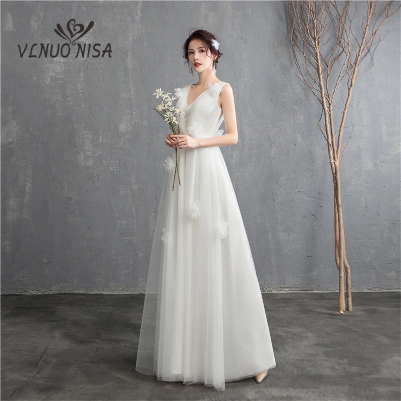 

New Arrival Illusion korean style Tulle A-Line Wedding Dress 2018 Double shoulder V-neck Lace Bridal Dress Marriage Floor Length