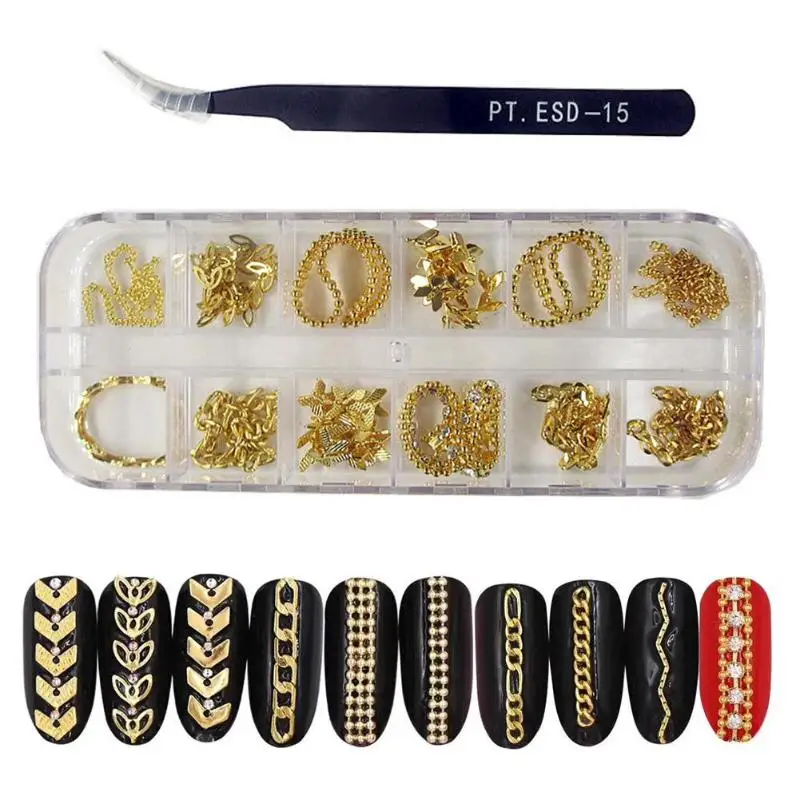 12pcs 3D DIY Gold Metal Nail Chain with Curved Clip Nail Art