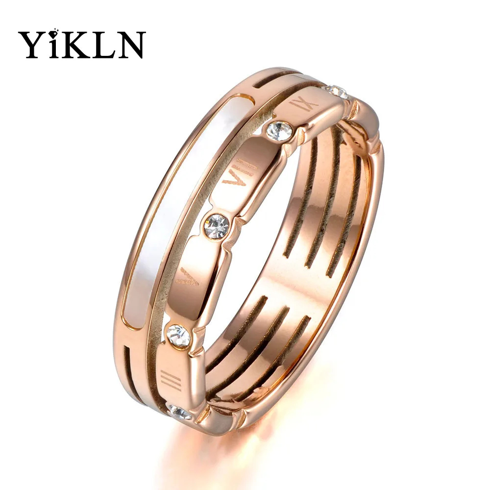

YiKLN Trendy Roman Numerals Ring Jewelry For Women Rose Gold Stainless Steel Cubic Zirconia & Shell Wedding Rings Anillo YR17161