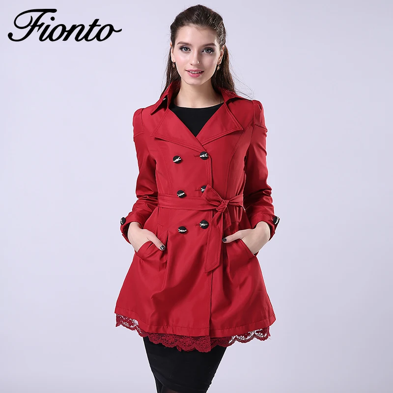 

FIONTO 2019 Women Casual Solid Lace Trench Coat Autumn Spring New Long Turn-down Collar Plus Size Double Breasted Outerwear F015