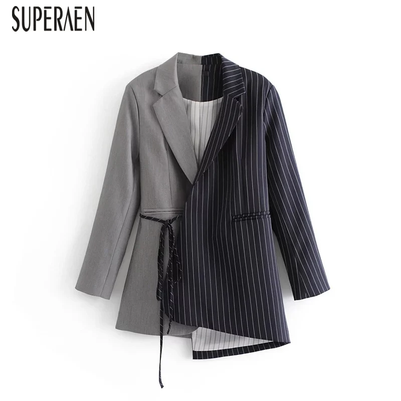 

SuperAen 2018 Autumn Europe Fashion Women Suit Jacket Long Sleeve Wild Cotton Ladies Jacket Stripes Irregular New Women Clothing