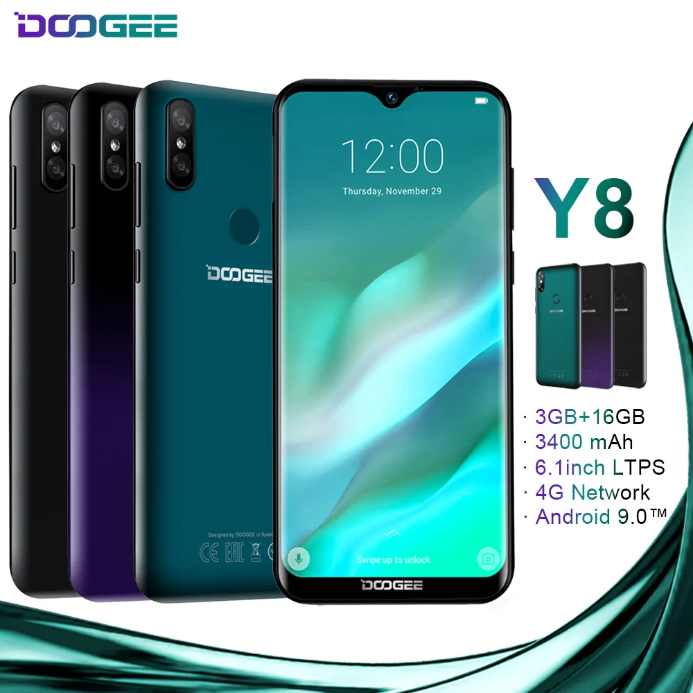 

DOOGEE Y8 4G LTE Mobile phone MTK6739 Quad Core 3GB 16GB 8MP+8MP Android 9.0 3400mAh 6.1"FHD 19:9 Display Smartphone