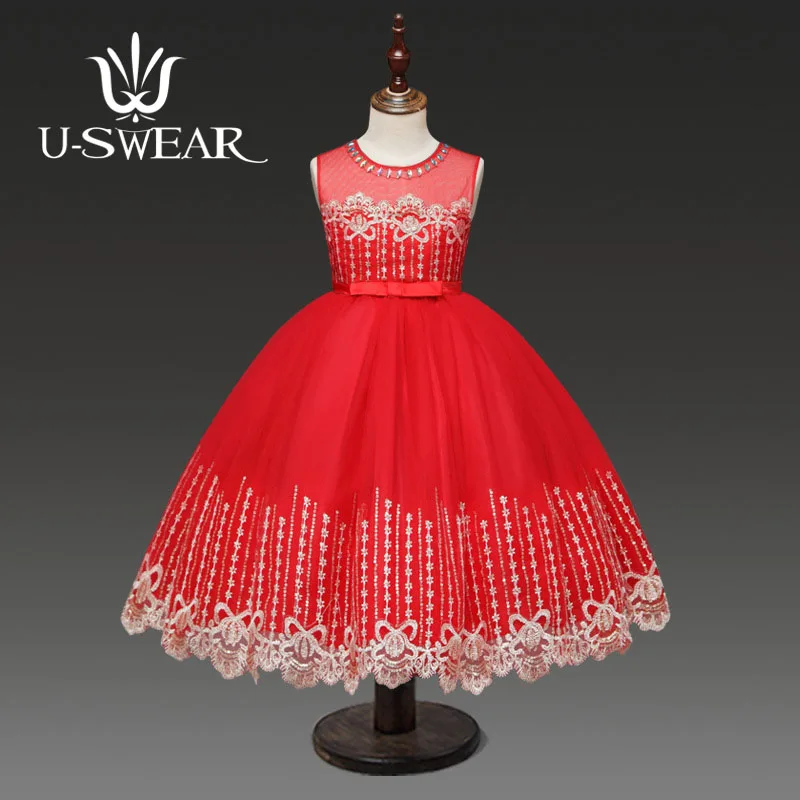 U-SWEAR 2019 Новое поступление детские для девочек в цветочек платья О-образным вырезом Кристалл бисера Флора кружевное шифоновое бальное