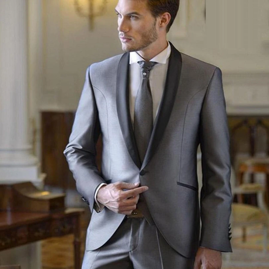 Trajes de boda para hombres grises de plata de moda 2018 trajes de esmoquin chal solapa mejores trajes hombres un trajes de padrino + Pantalones + corbata)|groomsmen suit|mens wedding