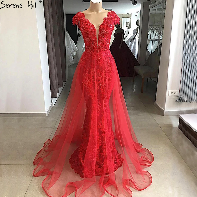 

Red Sleeveless Lace Pearls Sexy Evening Dresses 2019 Mermaid Fashion V-Neck Formal Evening Gowns Serene Hill BLA6604