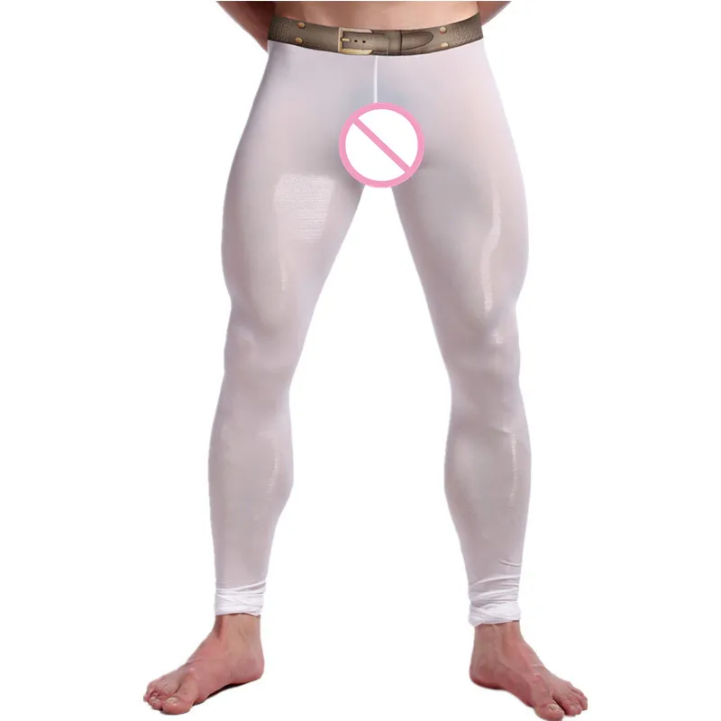 Sexy Men's Ultra-Thin Silky Long Johns Thermal Pants Cool Leggings Underwear Comfortable See Leggings Lingerie Long Johns