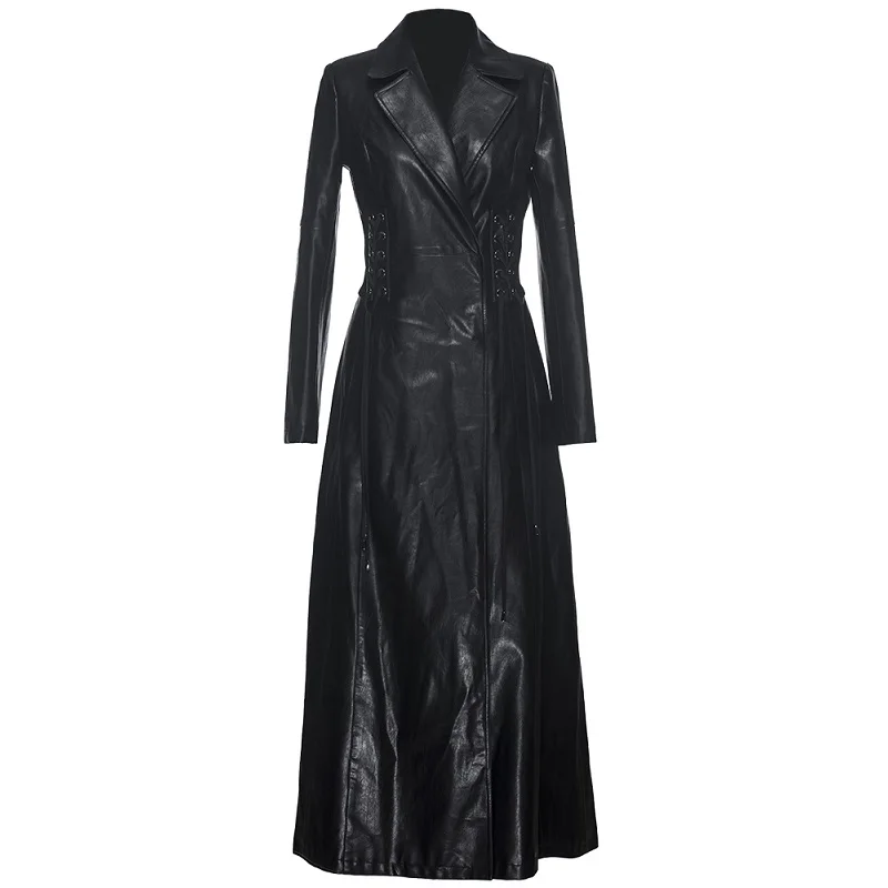 

High Quality PU Leather Long Coat 2018 Autumn Winter Fashion Trench Women Cross String Design Casual Coat Windbreaker Plus Size