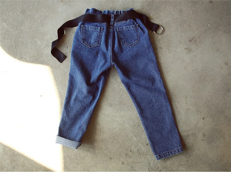Штаны для девочек г., Осенние потертые джинсы с ферментом Детские хлопковые штаны брюки с высокой талией джинсовые штаны для маленьких девочек джинсовые штаны для малышей#3582