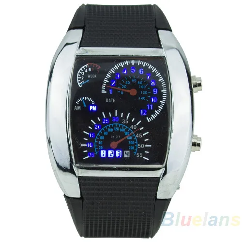 Новая горячая распродажа об/мин модные Turbo мигающий синий индикатор светодиодный мужские спортивный автомобиль метр циферблат часы подарки на день рождения