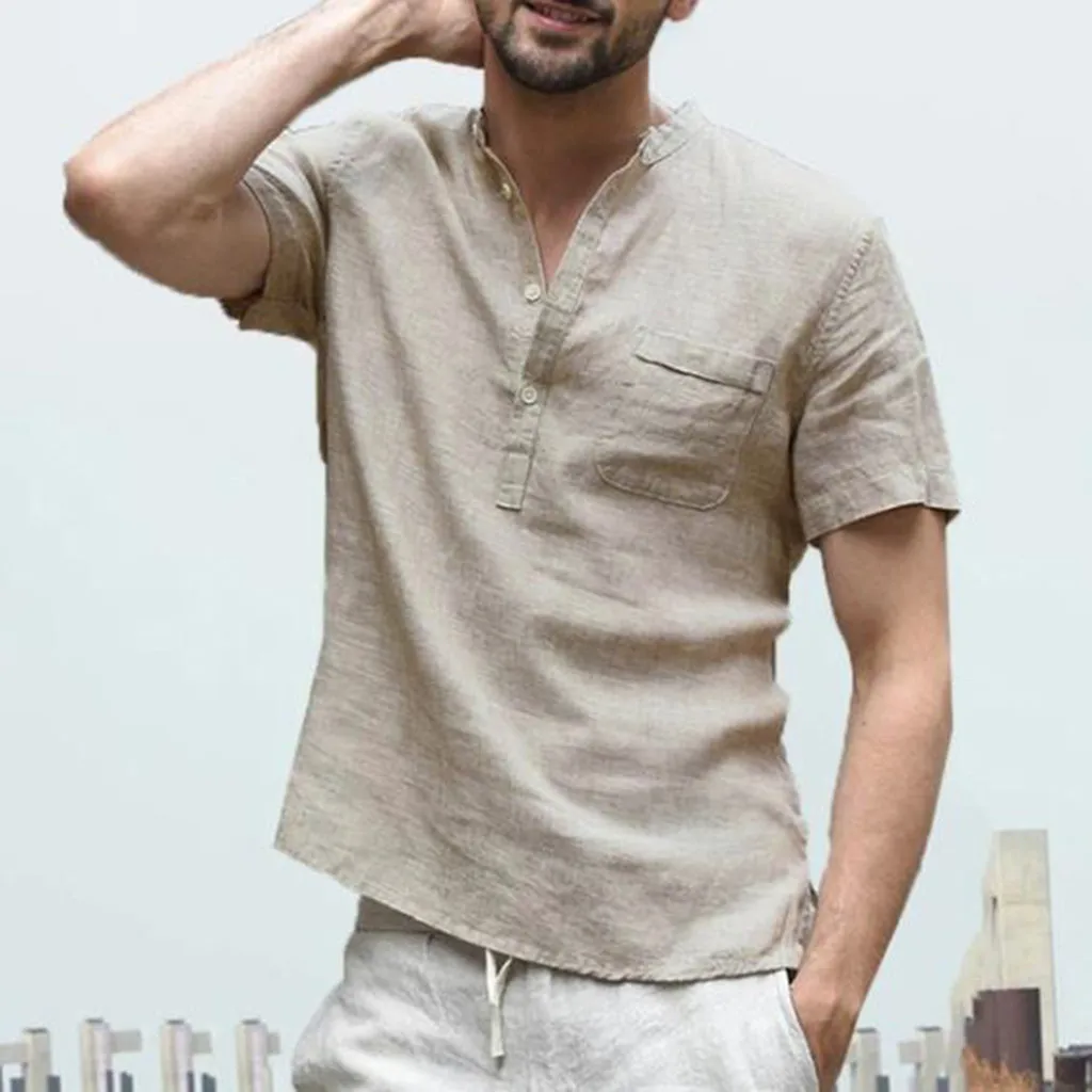 

Retro Shirts Tops Blouse Men's Baggy Cotton Linen Soid Color Short Sleeve blusa masculina man fashions summer shirt