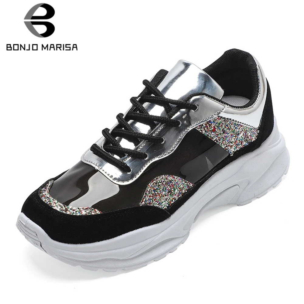 

BONJOMARISA New INS Hot Girl Shining Sneakers Women 2019 Autumn Large Size 36-41 Fashion Glitters Women Casual Flats Shoes Woman