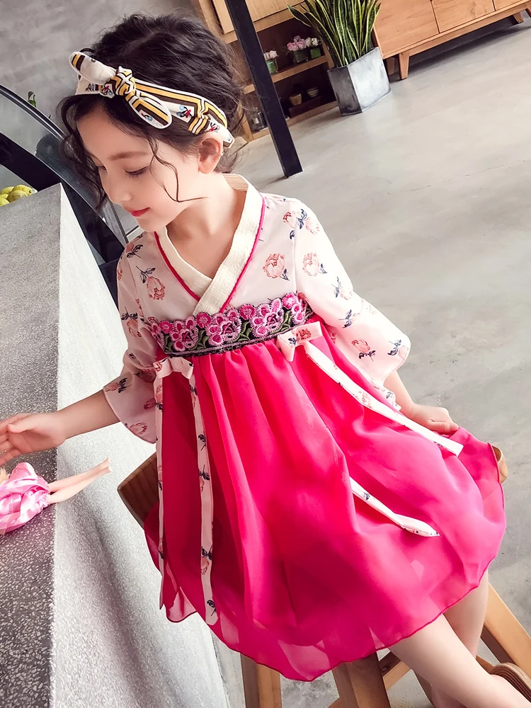 Современная одежда для девочек в китайском стиле, розовое платье Ципао с расклешенными рукавами и v-образным вырезом, Летнее Детское классическое платье hanfu для девочек