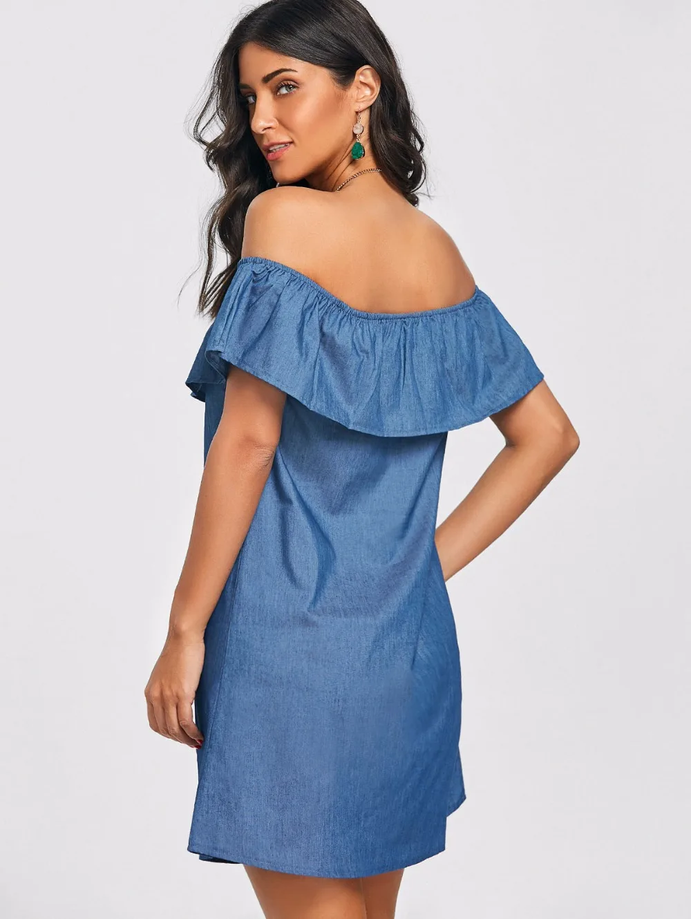VESTLINDA Off The Shoulder Flounce Denim Dress Mini Short Casual Women Dress Summer 2018 Vestidos De Festa Female Shift Dress 3