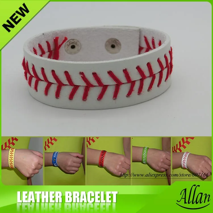 

Free shipping white leather baseball softball with red stitching seam real leather bracelet