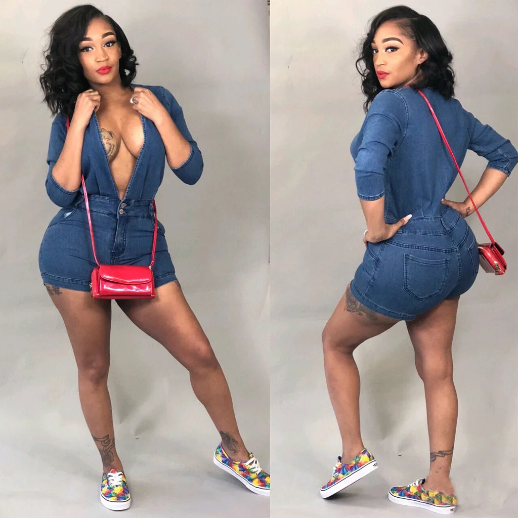 

Denim Jumpsuit Sexy Bodysuit Overalls Women Long Sleeve Summer Casual Playsuits V Neck Mono Mujer 2019 Combishort Femme Ete