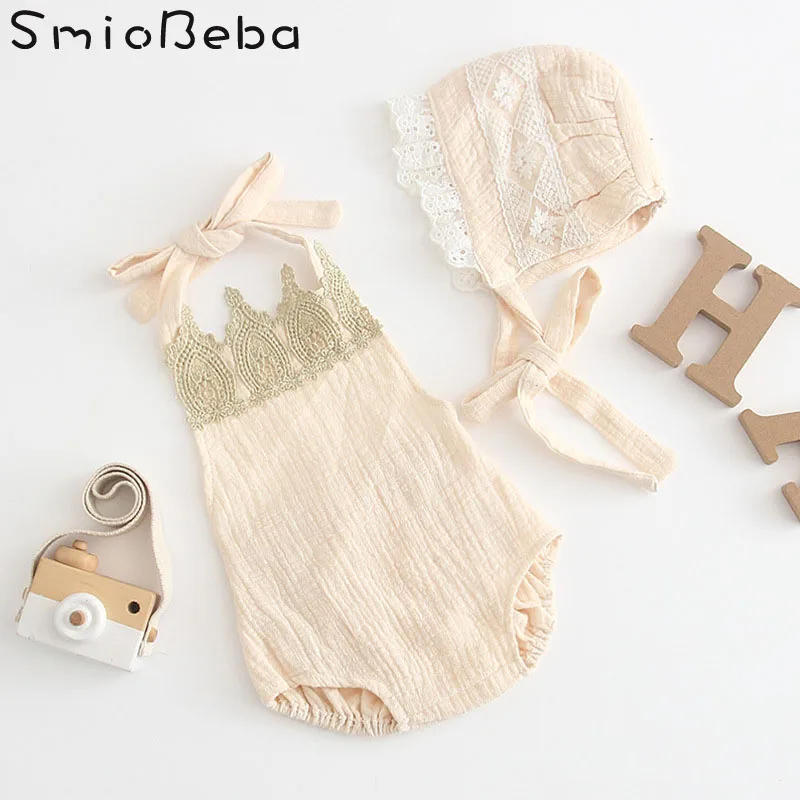 

New Born Baby Girl Rompers Clothes Kids Girl Beige Crown Pattern Jumpsuit Cotton Sleeveless Rompers+ Hats 2PCS Sets Rompers