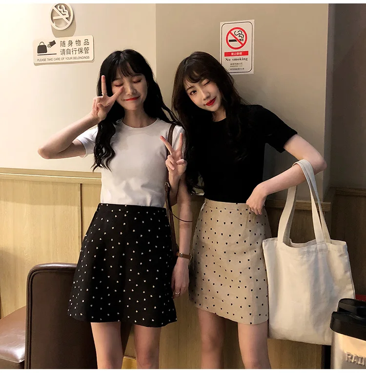 Hzirip летние корейские милые женские юбки с сердечками и эластичной резинкой на талии стильные винтажные повседневные Мини юбки с высокой талией 2 цвета