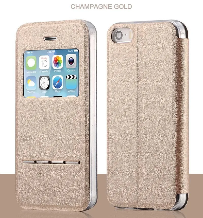 Khaki-4S-Smart-Answer-Calls-Window-Leather-Case-For-Apple-iPhone-4-4S-4G-Auto-Unlock-Matte