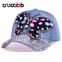 CRUOXIBB Baseball Cap Women Full Crystal Colorful Big Butterfly Hat Denim Bling Rhinestone Snapback Cap Casquette Summer Hat