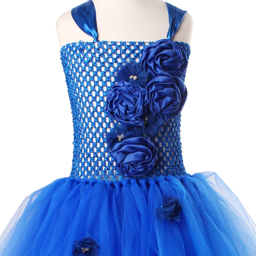 Kids Princess Blue Flowers Long Tail Tutu Dress Baby Girls Summer Tulle Wedding (12)