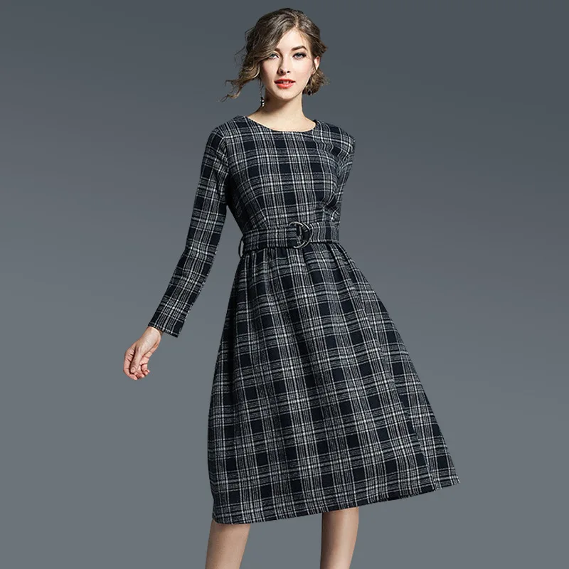 Women Winter Long fashion Ladies Slim Wool Plaid Dressplaid dress