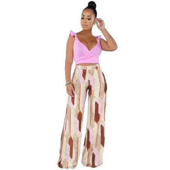 

Two Pieces Set 2019 Summer Women Boho Set Bohemian Ruffled Sleeveless Crop Tops Printed Long Wide Leg Pant Set