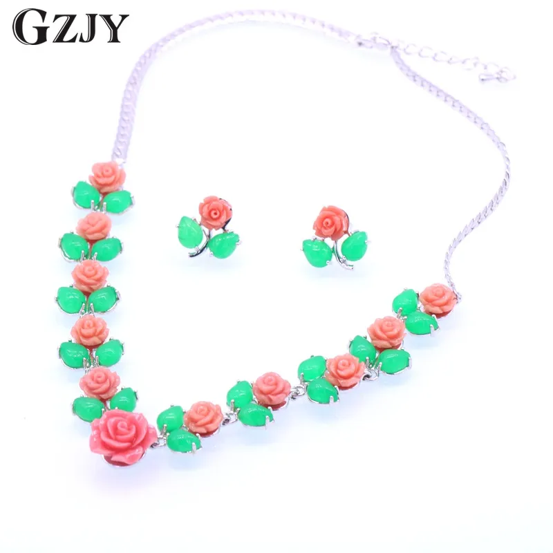 

GZJY Beautiful Luxury White Gold Color Green Stone Flower Red Coral Jewelry Sets For Women Wedding Party