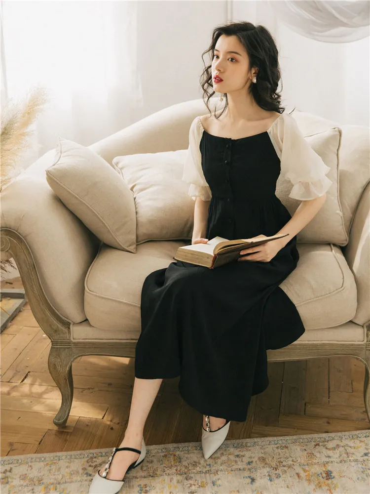 

2019 new fashion women's dresses Summer French Vintage High Waist Off Shoulder slash neck Dress