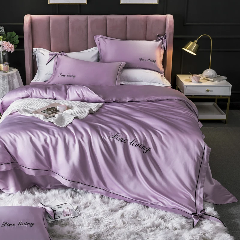 

OLOEY Home Textile solid satin pure silk bedding set King queen size bed set duvet cover sheet flat sheet bed romantic Style