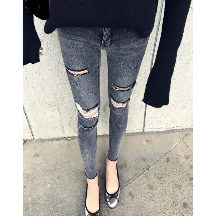 Fashion High Waist Smoke Gray Hole Jeans Women Elastic Skinny Jeans Denim Pants Pencil Pants Plus Size Pencil Trousers