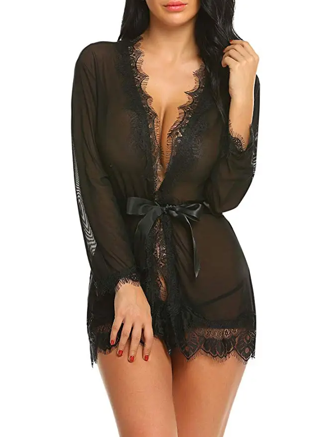 

Womens Robes Sleepwear Nightgown Sexy Robe Kimono Mesh Sheer Lace Babydoll Lingerie Set DJ016