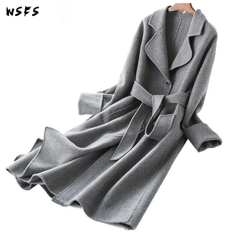 

Winter Women Coat Black Gray Striped Long Sleeve Sheep Wool Coats Office Ladies Slim Elegant Trench Woolen Overcoats Outerwear