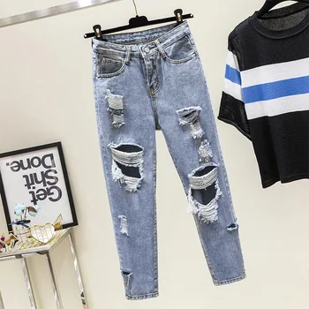 

NORMOV 2019 New Womens Jeans High Waist Regular Hole Style Ankle-Length Harem Jeans Casual Nine Points Zipper Loose Jeans