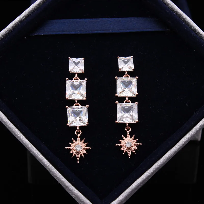 

SWOUR New Jewelry Gold Color Cubic Zircon CZ Square Snowflake Long Dangle Earrings E1468