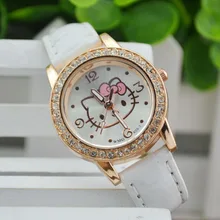 Nueva Llegada de hello kitty dibujos animados relojes de Cuero de LA PU Niñas niños Estudiante reloj de cuarzo mujer relojes Rhinestone reloj niños