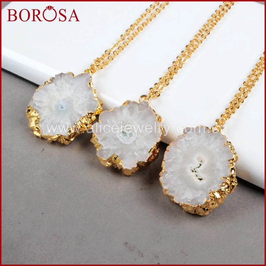 

BOROSA Natual 5Pcs Gold Color Solar Quartz Necklace Golden Chain Sun Flower White Solar Quartz Druzy Necklace Jewelry G0226