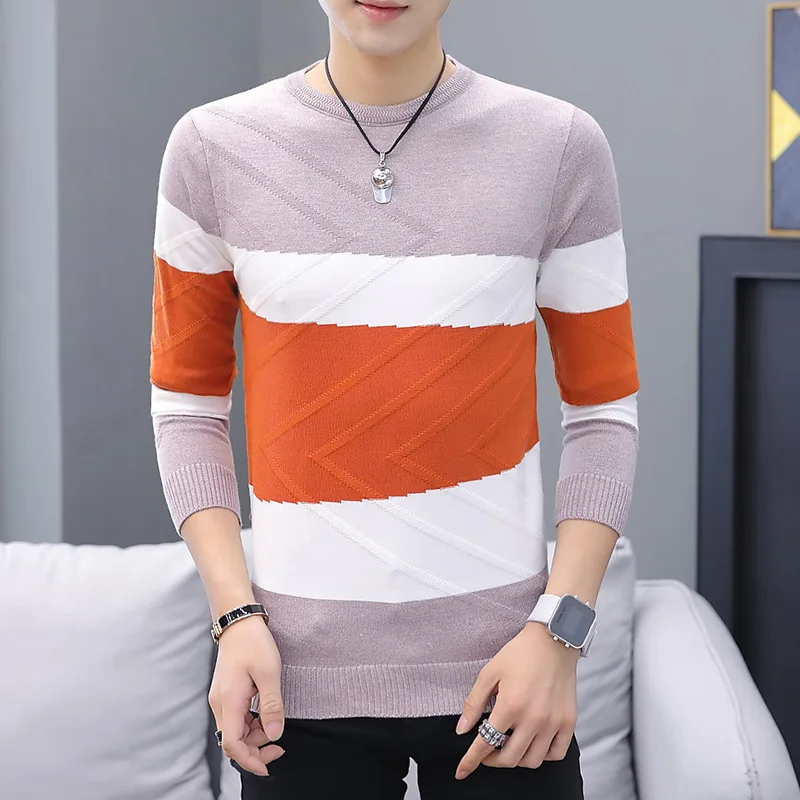 

2019 Autumn New Men's Sweater Thin Wool Contrast Color Printed O-Neck Knitted Pullovers Man Spliced Casual Slim Fit Sweater Male