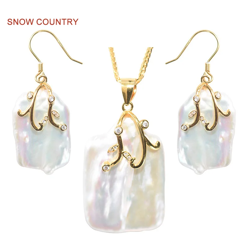 

SNOW COUNTRY Retro Design Fashion Jewelry Set Wedding Gift Real Freshwater Pearls S925 Earrings Necklace Unique Pendent