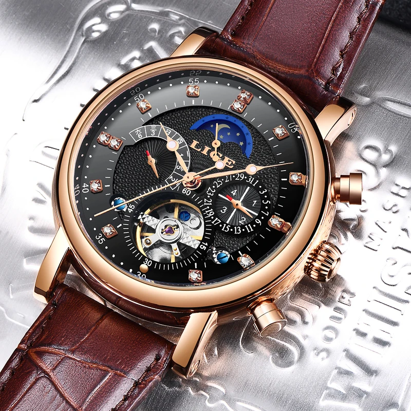 LIGE Брендовые мужские часы автоматические механические Tourbillon спортивные кожаные