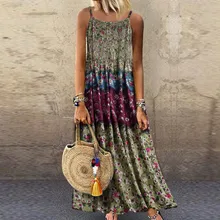 Женское винтажное богемное платье с цветочным принтом без рукавов, сексуальное пляжное платье размера плюс с круглым вырезом на бретельках, Повседневное Платье макси с цветочным принтом, женское элегантное платье#1