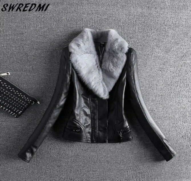 SWREDMI, новинка, тонкая женская кожаная куртка с воротником из натурального меха кролика Рекс, осенняя и зимняя Толстая кожаная куртка, верхняя одежда, плюс 4XL - Цвет: black with grey