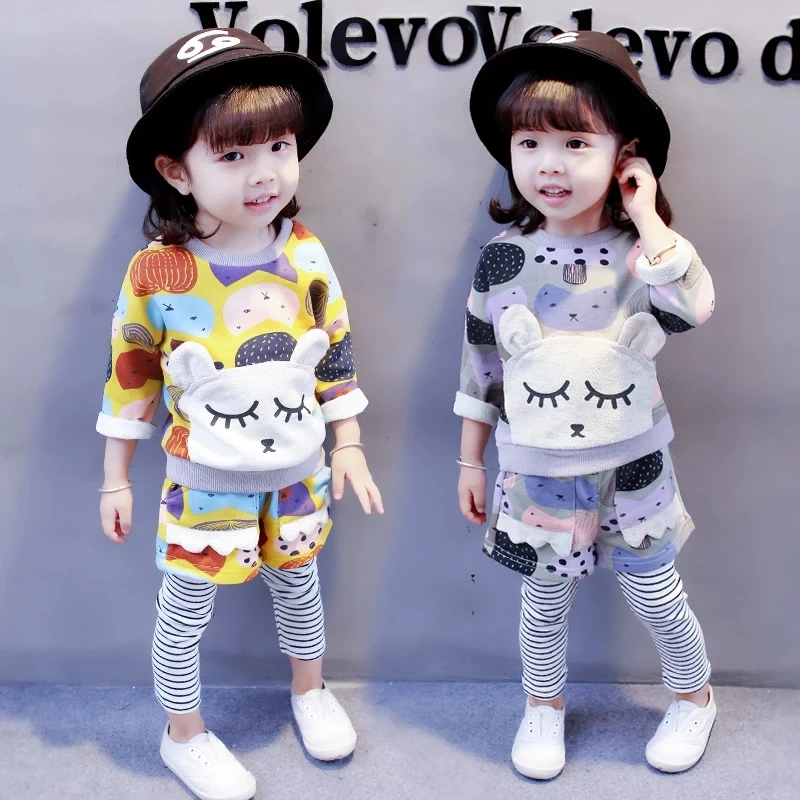 

2018 New Girls Cartoon Sets Spring Autumn Children Casual Two-piece Long-sleeved Patch Rabbit Top + Fake Two-piece Striped Pants