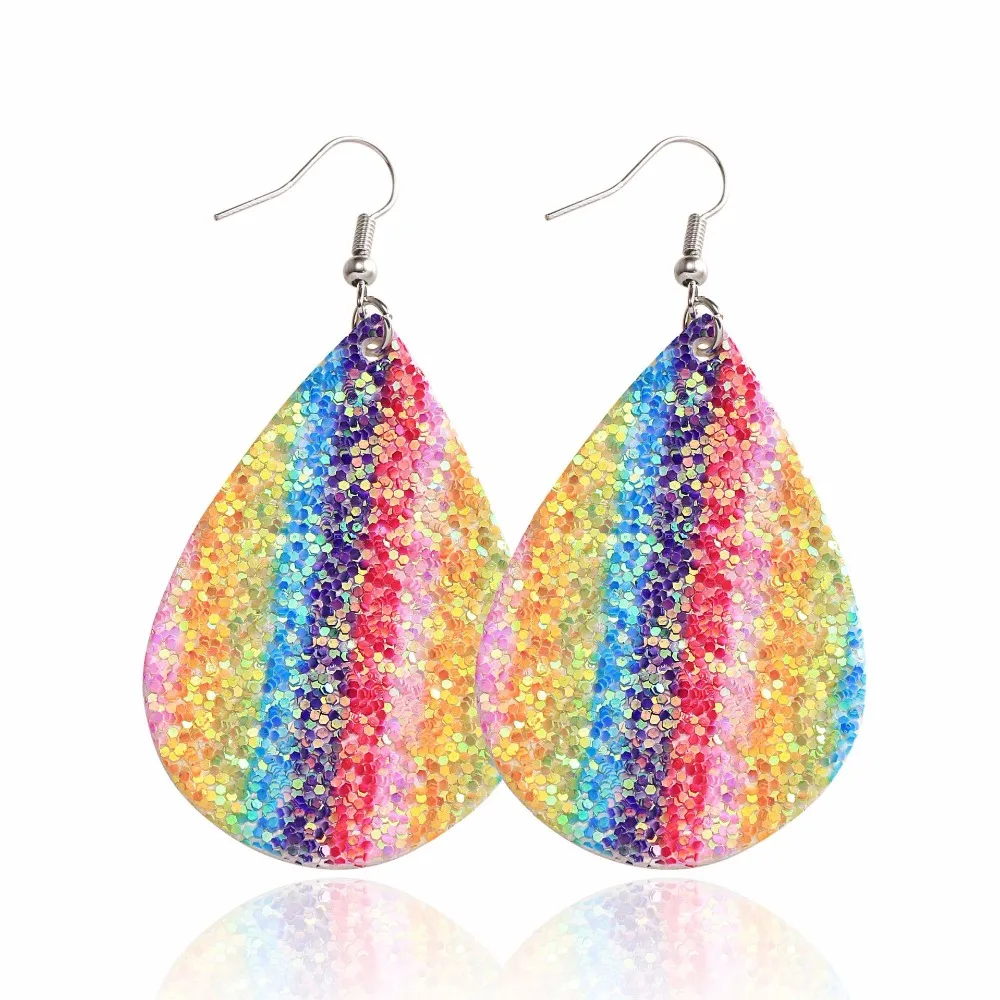 

Trendy Teardrop PU Leather Earrings Colorful Sequins Bling Earrings Bohemian Water Drop Earring for Woman Party Jewelry Gift