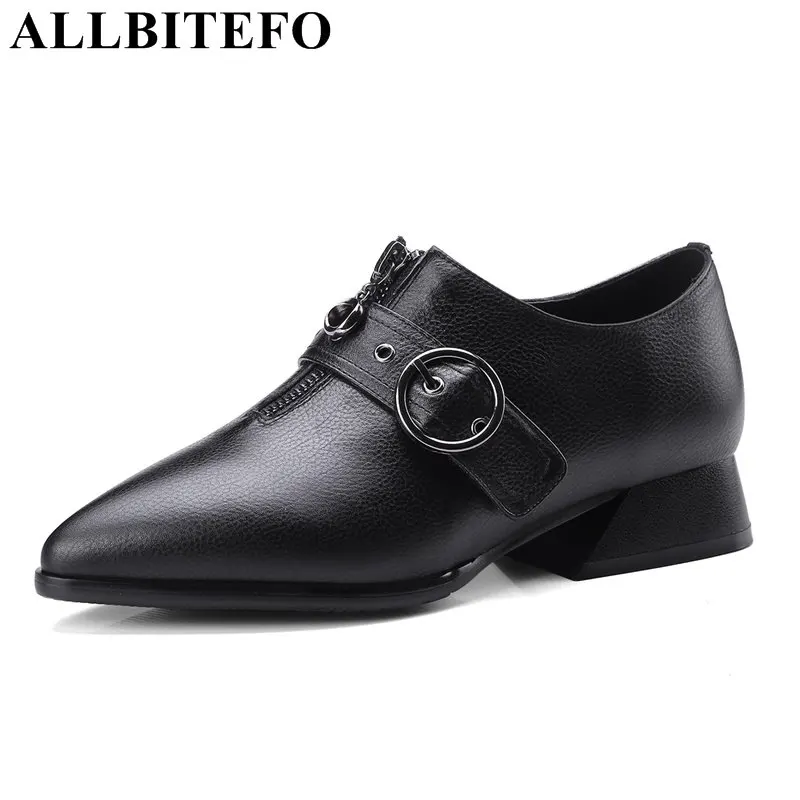 ALLBITEFO thick heel genuine leather pointed toe women pumps brand buckle spring pumps ladies shoes medium heel girls shoes