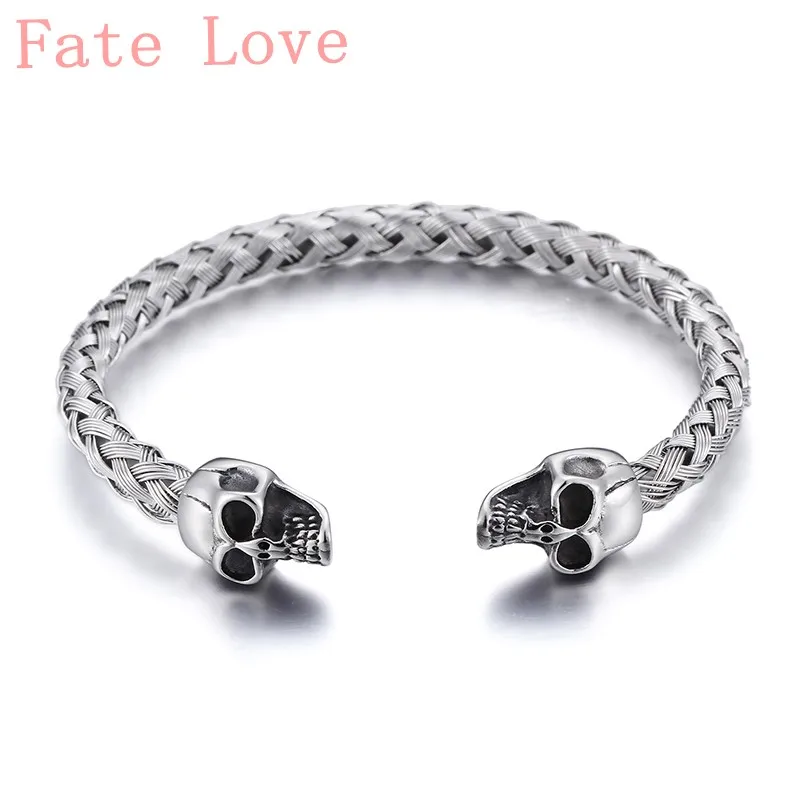 

Fate Love fashion Stainless Steel Cuff bangle Biker double skull End Open Bracelet knot Wire chain